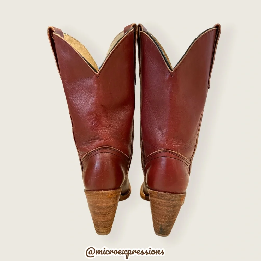 1990’s Frye Vintage Leather Pull On Red Cognac Heeled Cowboy Western Cute Bootie